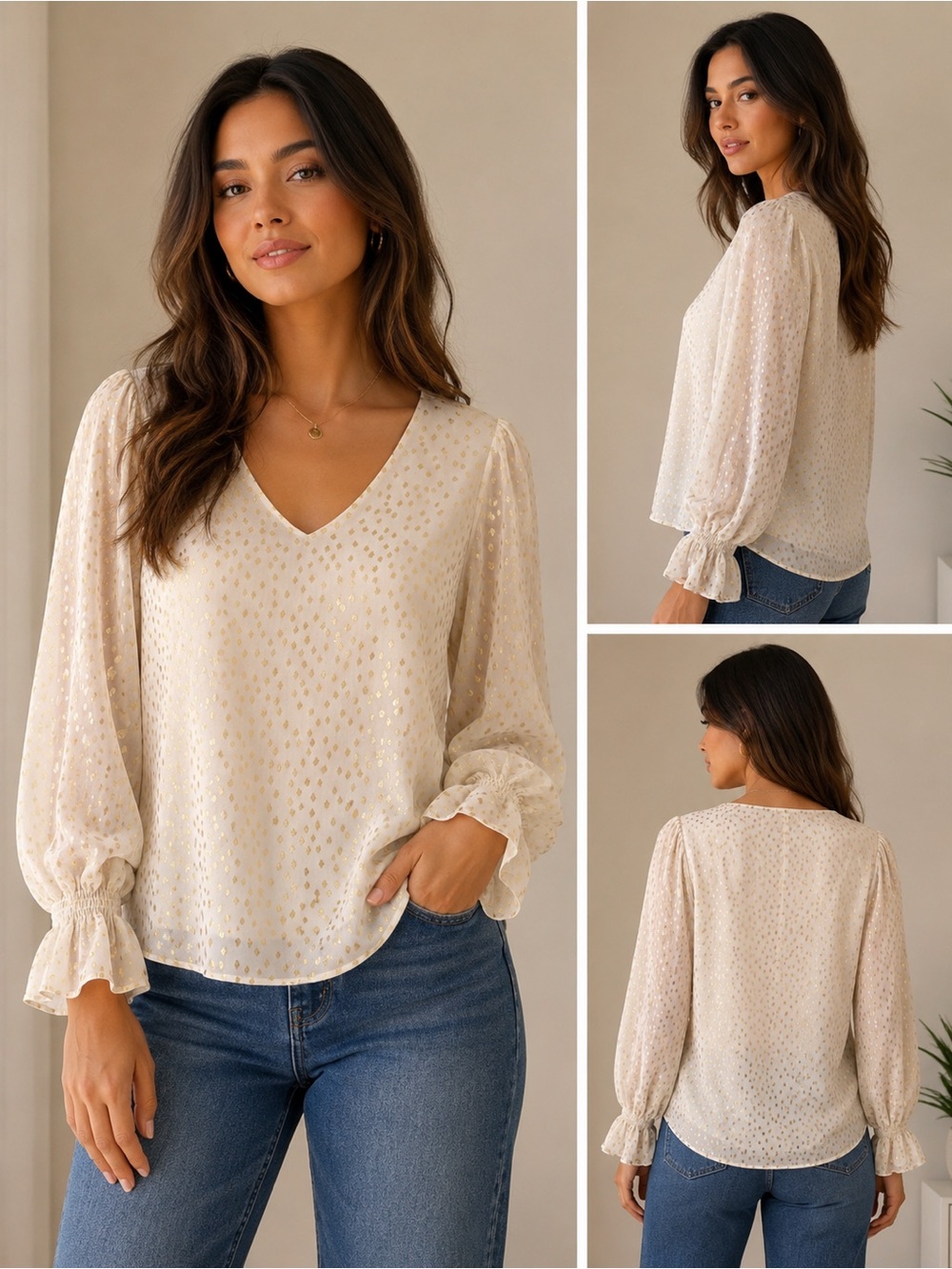 Vince Camuto Cream V-Neck Blouse with Gold Dot Accents